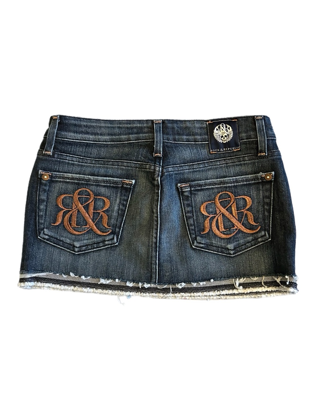 Rock & Republic Denim Mini Skirt Low Rise Embroidered Pockets Dark Wash Size 24